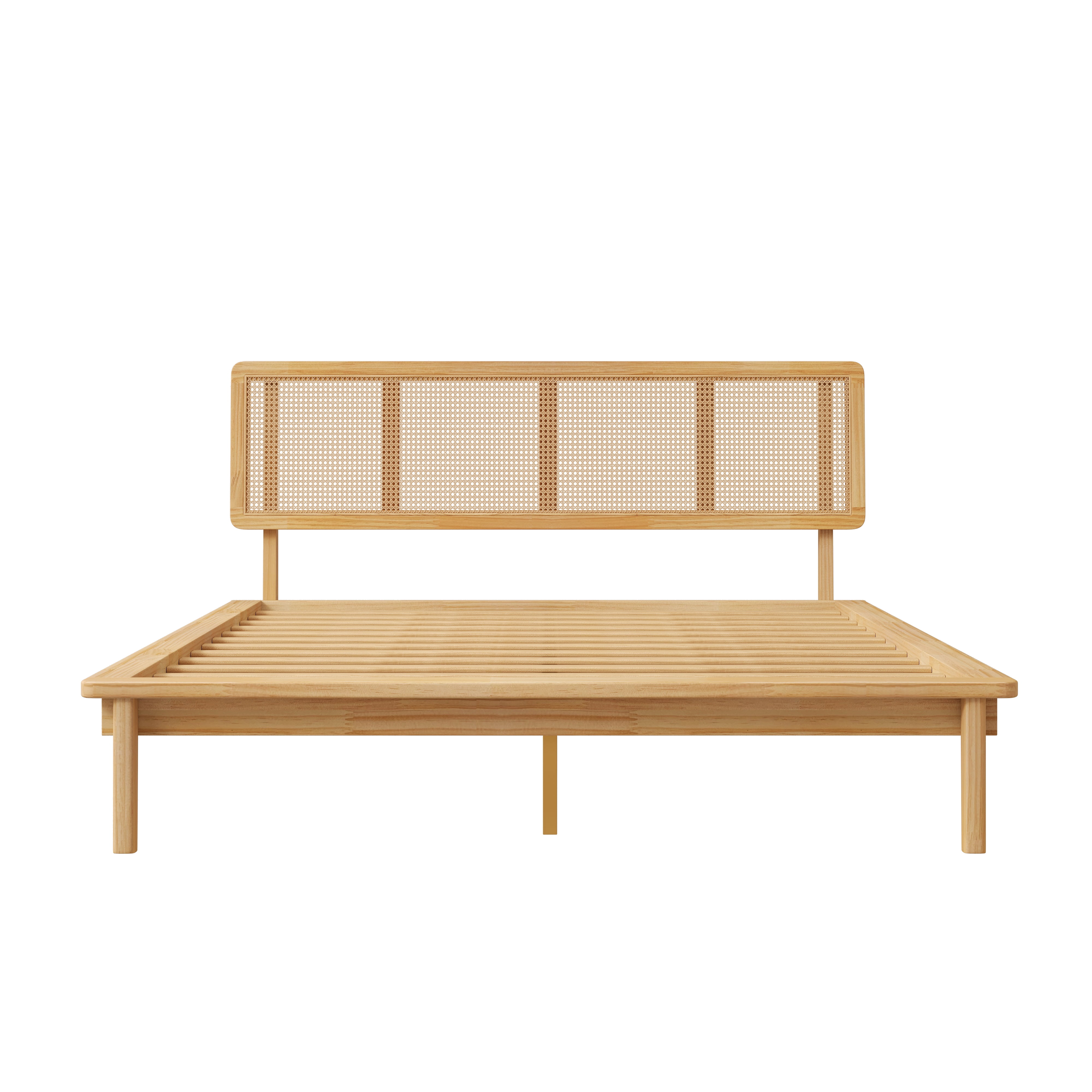 Noble House Modern Rattan Platform Bed,Cane Headboard & Footboard with Natural Woven Panels,Mid-Century Bed Frame,Walnut