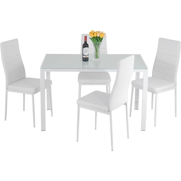 FDW Dining Table Set Glass Dining Set for Small Spaces and Chairs for 4, Chairs Home Furniture Rectangular Modern, White
