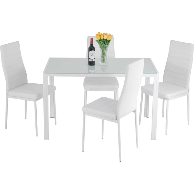 FDW Dining Table Set Glass Dining Set for Small Spaces and Chairs for 4, featuring a rectangular glass table and four white upholstered chairs with a modern design. Perfect for small dining spaces, the chairs can be stored under the table to save room. Suitable for kitchens or dining rooms.