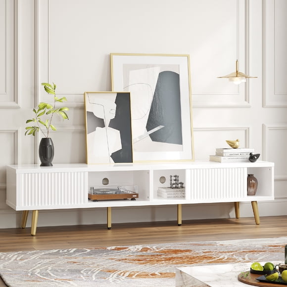 Bestier 71 inch Fluted TV Stand for TVs up to 75", Modern High Gloss Entertainment Center with Storage Cabinet, White