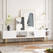 Bestier 71 inch Fluted TV Stand for TVs up to 75", Modern High Gloss Entertainment Center with Storage Cabinet, White