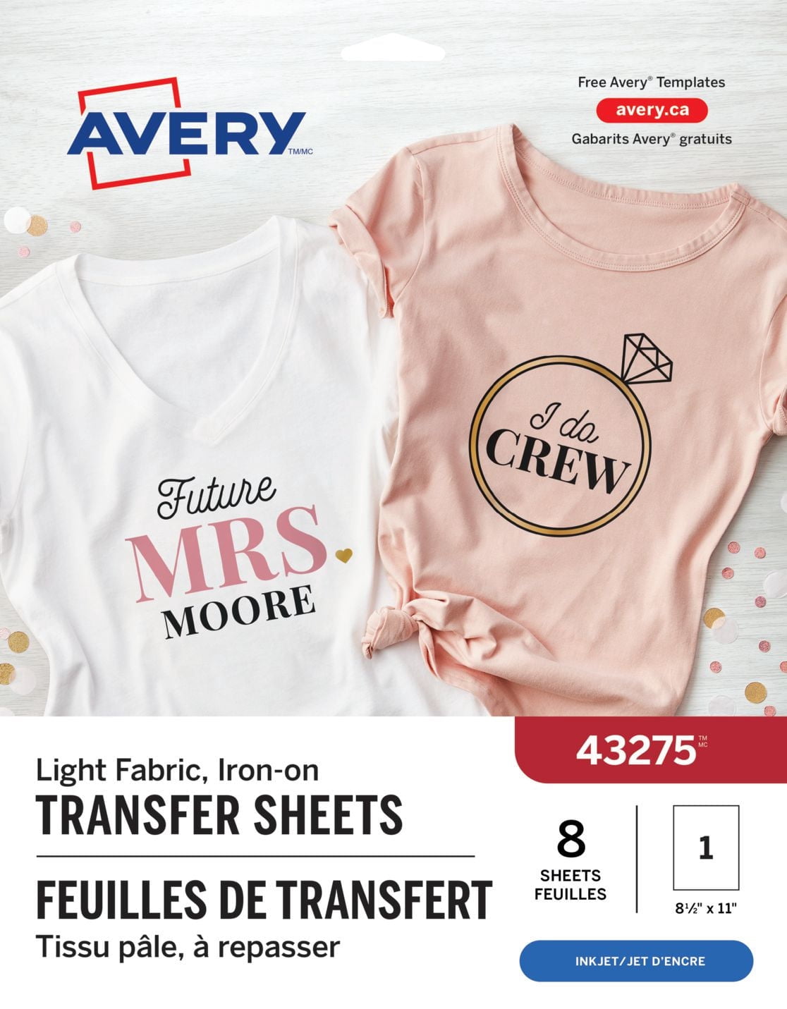 Avery Transferts pour T-shirts blancs, 11 po x 8 ½ po, pour imprimantes à jet d'encre - 43275
