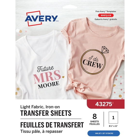 Avery Transferts pour T-shirts blancs, 11 po x 8 ½ po, pour imprimantes à jet d'encre - 43275