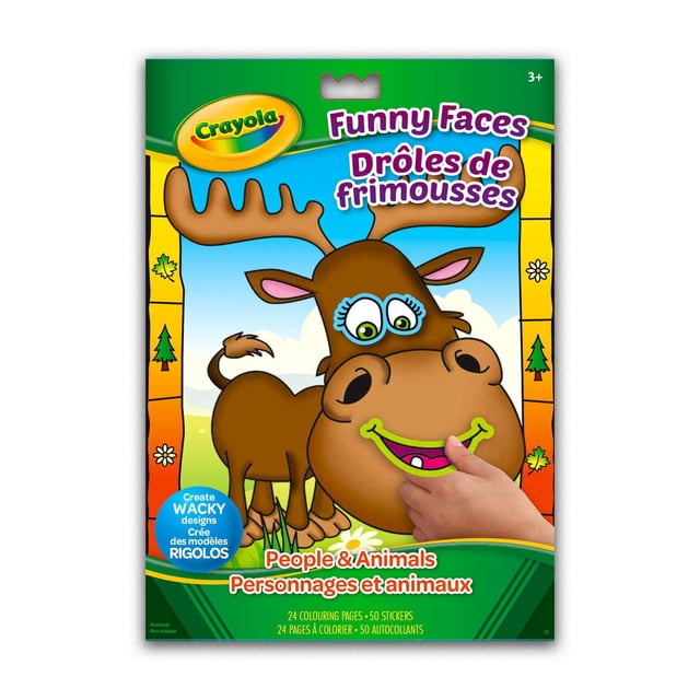 Crayola Funny Faces Colouring & Sticker Book with a cartoon moose and a child's hand placing a green smile sticker on its face, containing 24 colouring pages and 50 stickers for creating wacky faces of people and animals, suitable for children aged 3 and up to encourage creativity and fine motor skills.