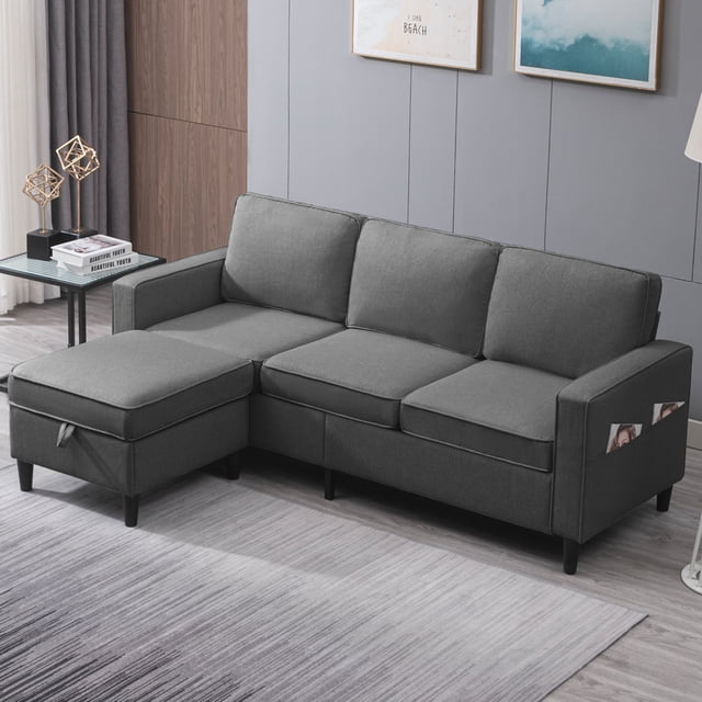 BALUS Pieces Couch Set, L Shaped Sofa with Storage Ottoman, 4-Seats Sofa Couches, Living Room Set Furniture, Linen, Dark Gray front-facing view of a modular L-shaped sectional in dark gray linen with matching storage ottoman that converts to a chaise; visible woven texture, block legs, 78"W x 44.9"D x 32.7"H, ottoman provides under-seat storage and doubles as extra guest seating.