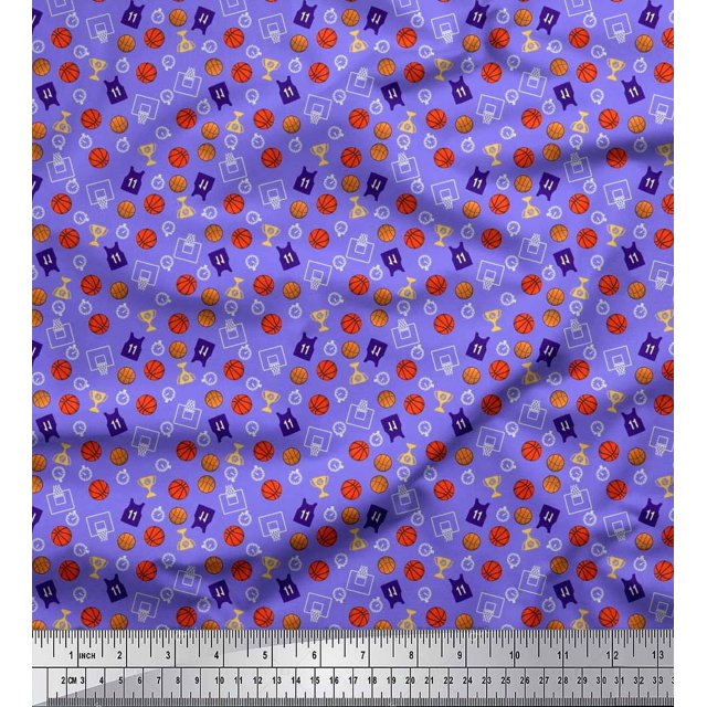 Soimoi Rayon Fabric Trophy,Timer Clock & Basketball Sports Print Fabric by Yard 42 Inch Wide
