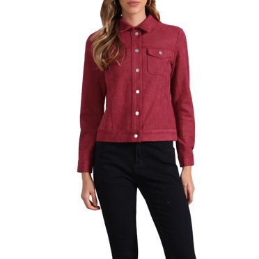 INSPIRE CHIC Women's Turn-Down Collar Flap Pockets Snap Button Faux Suede Jacket S Wine Red