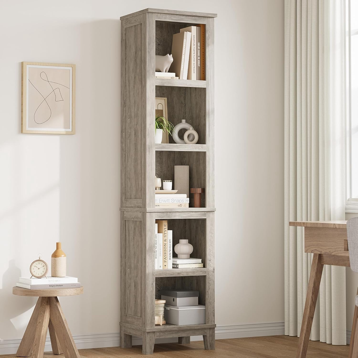BeesClover Narrow Bookcase 5 Tier Farmhouse Bookshelf Open Storage Shelf and Bookcase Space Saving Multimedia Storage Tower for Living Room, Home Office