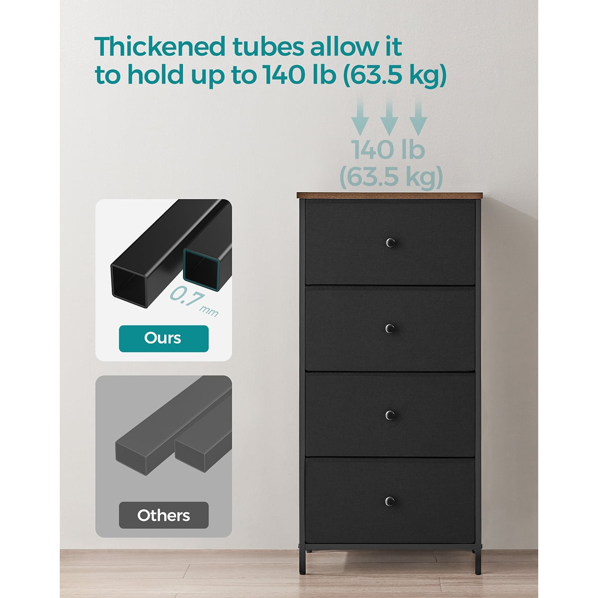 SONGMICS HOME Dresser for Bedroom, Fabric Dresser with 4 Drawers, Metal Frame, Small Chest of Drawers