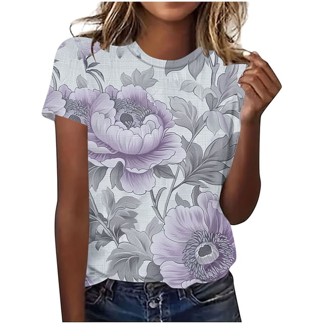 Hauts d'Été pour Femmes DYTTDG T-shirt à Fleurs Mode pour Femmes Grande Taille Col Rond Manches Courtes Décontracté Ample Tee Haut Hauts pour Femmes Liquidation Moins de 10 Multicolore,m