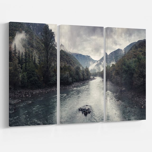 Designart - Rivière de Montagne avec Brouillard et Pluie - Oeuvre Moderne de Paysage Marin sur Toile