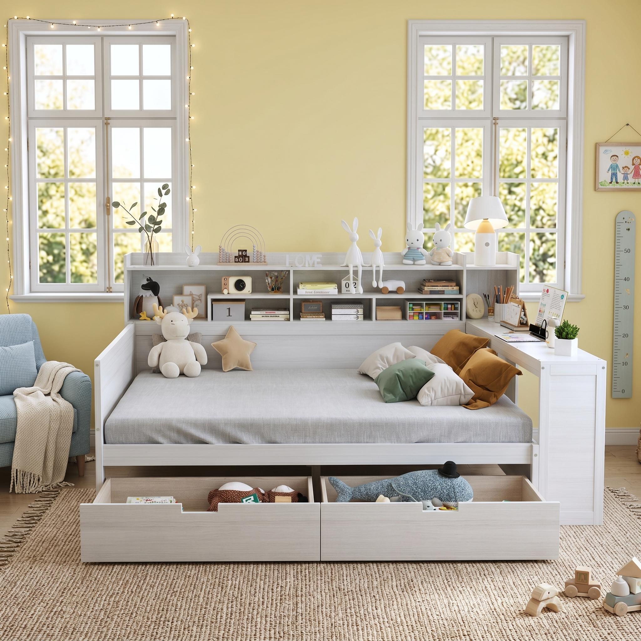 Homy Casa lit double 91,3 po avec tête de lit rangement, tiroirs et bureau latéral pour chambre d’enfant, blanc