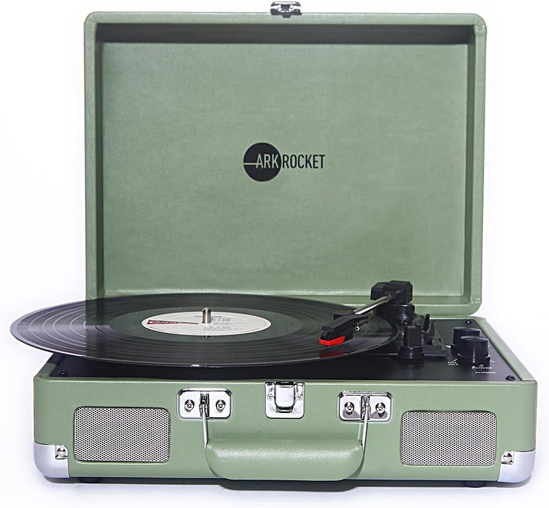 Arkrocket Curiosity Suitcase Bluetooth Turntable Vintage 3-Speed Record Player with Built-in Speakers Upgraded Turntable Audio Sound (Matcha Green)