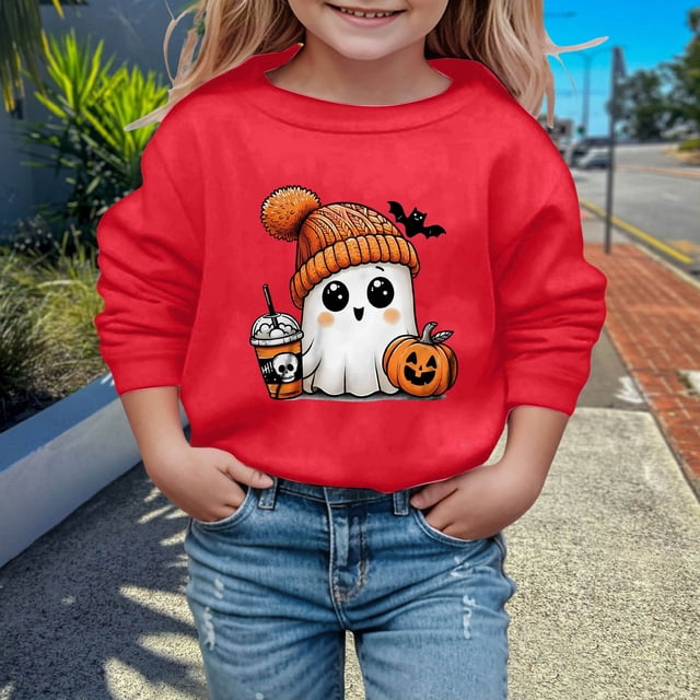 PMVFHDE Chandails à Capuchon et Chandails pour Filles Mode Enfants Halloween Mignon Imprimé Col Rond Sans Capuche Chandail à Manches Longues pour Filles Rouge, 7-8 Ans