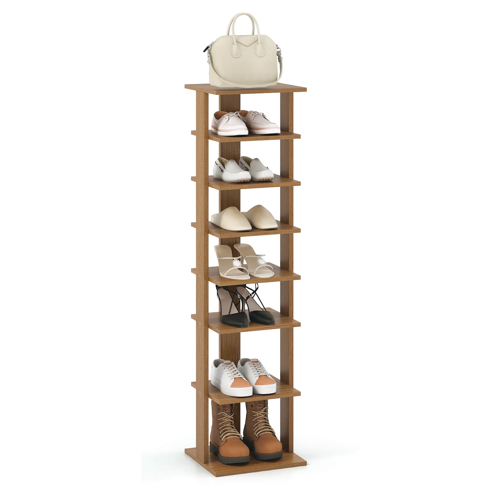 Costway 7-Tier Wooden Shoe Rack Narrow Vertical Shoe Stand Storage Display Shelf Natural Natural