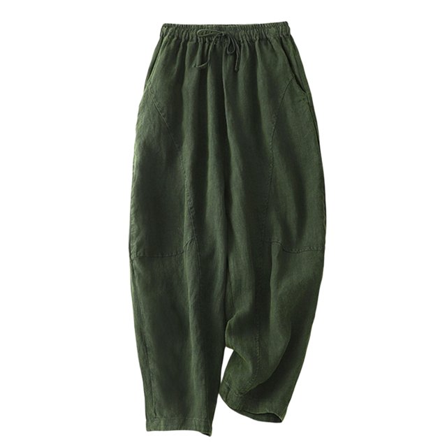 Birdeem Capris en Coton et Chanvre pour Femmes, Unies, Élastiques, Brodées