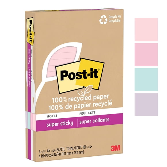Post-it® 100% Recycled Paper Super Sticky Notes 4621R-4SSNRP, Wanderlust Pastels Collection, Lined, 4 in x 6 in, 4 Pads/Pack, 45 Sheets/Pad