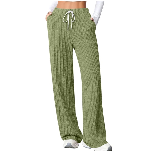 fatyb Womens Casual Ribbed Knit Pants Wide Leg Lounge Pants with Pockets Drawstring Loose Comfy Trousers