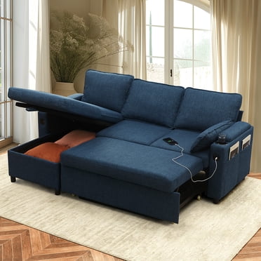 Sectional Sleeper Sofa L shaped Charging Couch with Usb Storage Chaise Reversible Pull Out Bed for Small Space, Blue