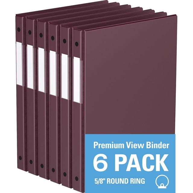 Davis Group, Premium Economy, Round Ring, Binder, 6 Pack, 5/8" showing six maroon binders with clear interior pockets and full-width label holders on spines, suitable for office supplies and document organization.
