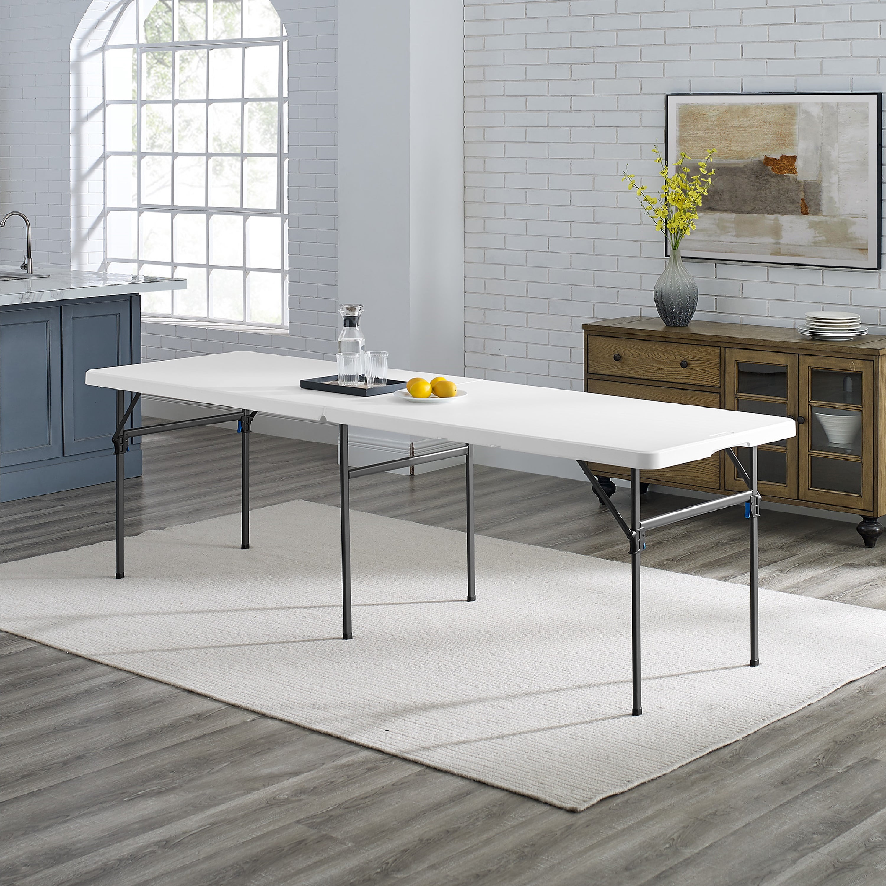 Mainstays White 8 Foot Folding Plastic Table, Heavy Duty, Easy-Fold, Indoor Outdoor, Scratch Resistant, Stain & UV Damage, White