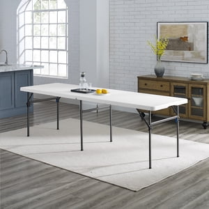 Mainstays White 8 Foot Folding Plastic Table, Heavy Duty, Easy-Fold, Indoor Outdoor, Scratch Resistant, Stain & UV Damage, White