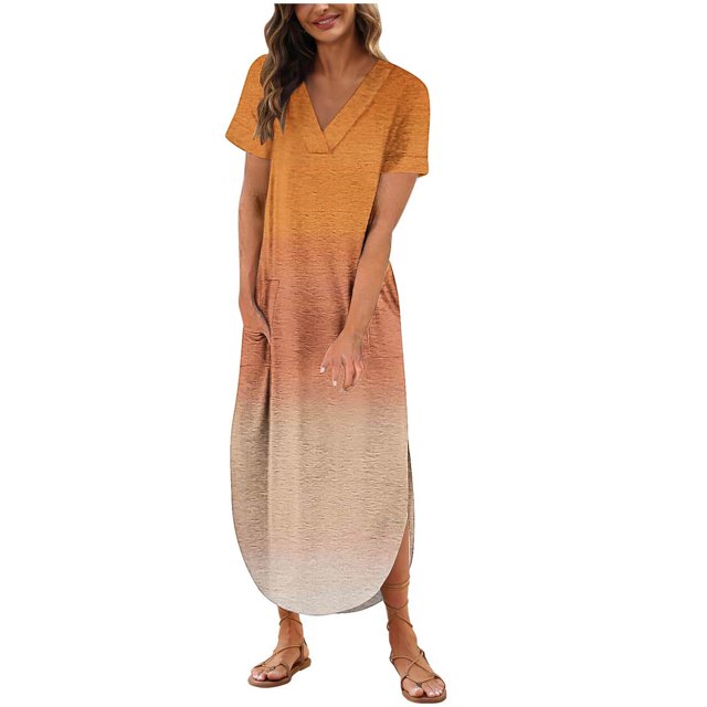 Pisexur Robes pour Femmes Mode Bohème à Fleurs Robes de Retour à la Maison Robe Maxi à Col en V Fendue Robe de Cocktail à Manches Courtes pour Femmes Robe Décontractée Ample Fluide avec Poches