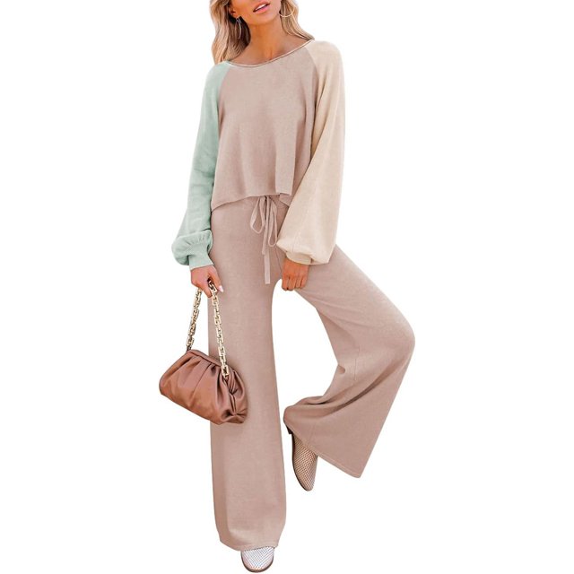 ORUYROP Ensemble de Pull 2 Pcs pour Femmes Haut Court à Manches Longues et Pantalon Large