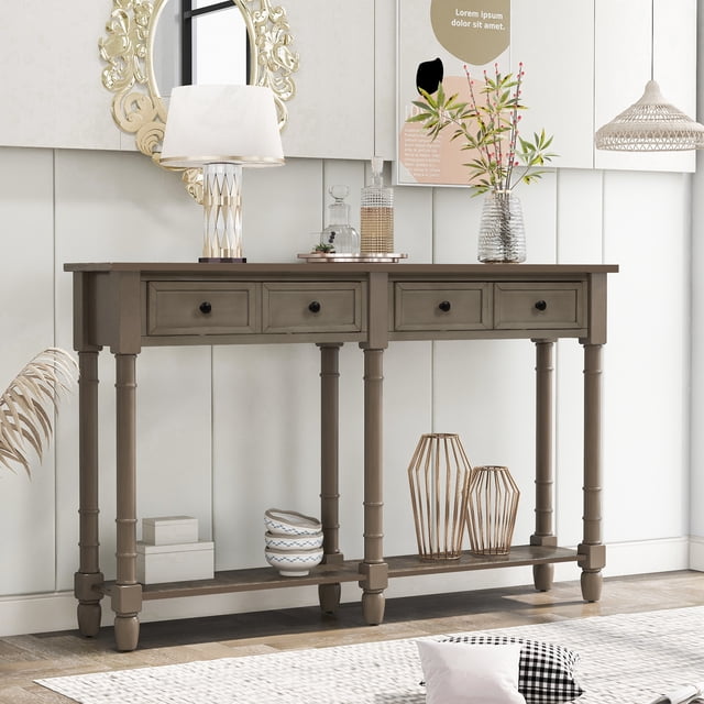 Newest Console Table Sofa Table Easy Assembly with Two Storage Drawers and Bottom Shelf for Living Room, Entryway (Gray Wash)