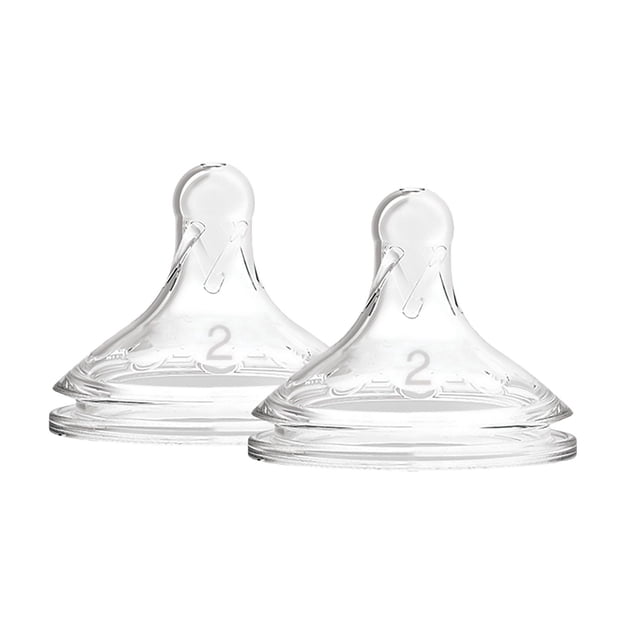 Dr. Brown's Natural Flow Options+ Wide-Neck Bottle Nipple 2 pack Level 2, two clear silicone medium-flow nipples with breast-like shape and wide neck, designed for babies 3 months and older to reduce colic and nipple confusion, fitting Options+ wide-neck bottles.