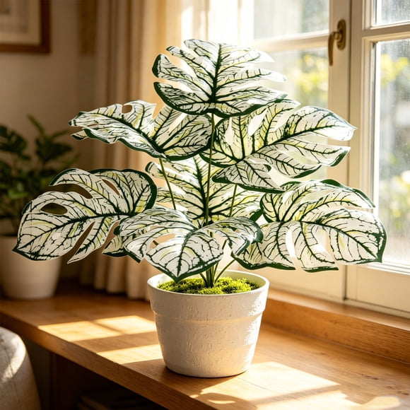 Linnome Artificial Monstera Bonsai Plant Fake Potted Tropical Leaves for Home Office Living Room Desktop Decoration 17.7in Z1-White
