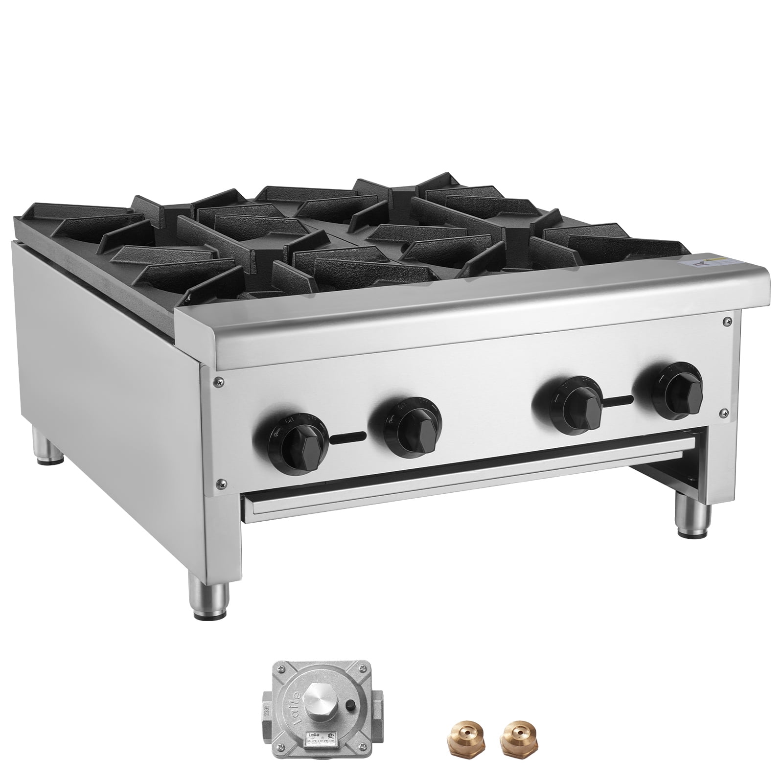 KFFKFF Gas Cooktop for Commercial Use, 4-Burner Range, Dual Fuel with Propane & Natural Gas, Stainless Steel Construction, Ideal for Restaurants, 112,000 BTU
