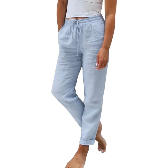 2025 Women's Casual Pants Ladies Summer Elastic High Camo Pants Women Waist Solid Color Cotton Leggings for Women Linen Wide Leg Loose Cotton Pants Women Casual