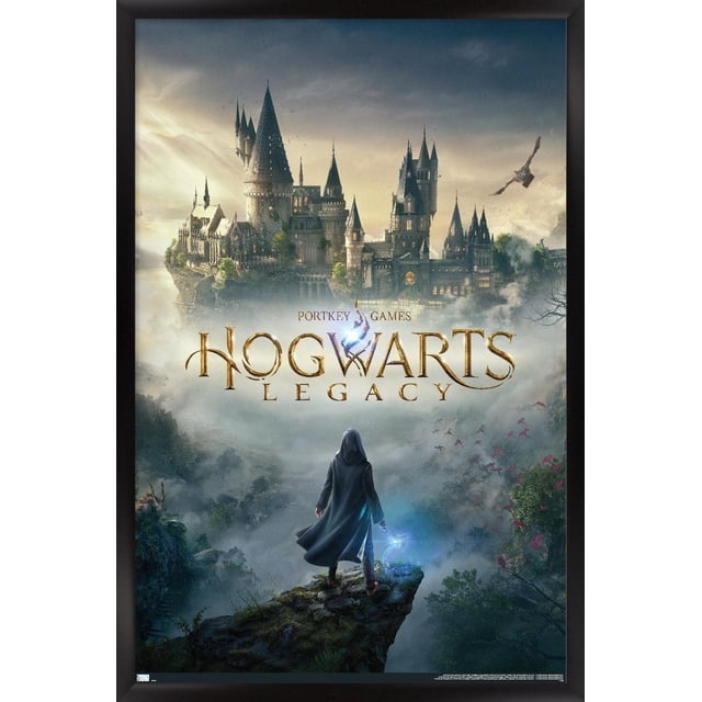 Harry Potter: Hogwarts Legacy - Key Art Wall Poster, 22.375" x 34", depicts a cloaked figure with a glowing blue wand standing on a rocky cliff facing the illuminated Hogwarts castle above mist and clouds, with birds flying nearby, printed on glossy paper suitable for home décor and gaming spaces.