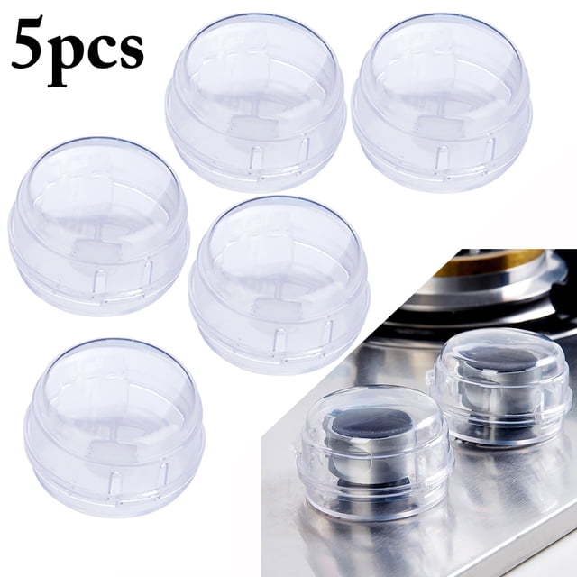 Housses de Boutons de Cuisinière Universelles à l'Épreuve des Enfants, Housses de Sécurité pour Cuisinière, Protège-Cuvette de Cuisinière transparent en Polypropylène PP avec Charnière, Vue Frontale Fermée d'Un Gobelet Rond transparent (Diamètre 60 mm, Hauteur 40 mm) avec un Trou Central de 20 mm, Lot de 5 sur Fond Blanc; Convient aux Interrupteurs de Cuisinière de Type Bouton pour Empêcher les Enfants de Retourner les Boutons de Gaz, Souvent Utilisé comme Accessoire de Protection pour Enfants en Cuisine.
