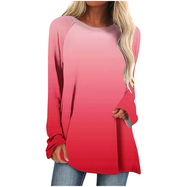 AherBiu Womens Tops 2024 Long Sleeve Casual Shirts Flowy Gradient Color Loose Fitting Fall Tops Tunics