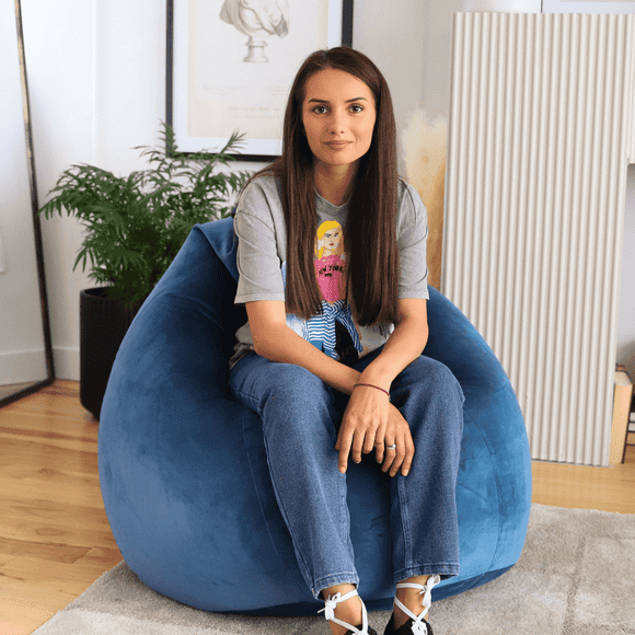 Dojo Fauteuil Poire en Forme de Goutte (Rempli) - Grand Pouf en Peluche Ultra Doux pour Adultes, Ados - Double Piqûre, Facile à Nettoyer (Bleu Velours)