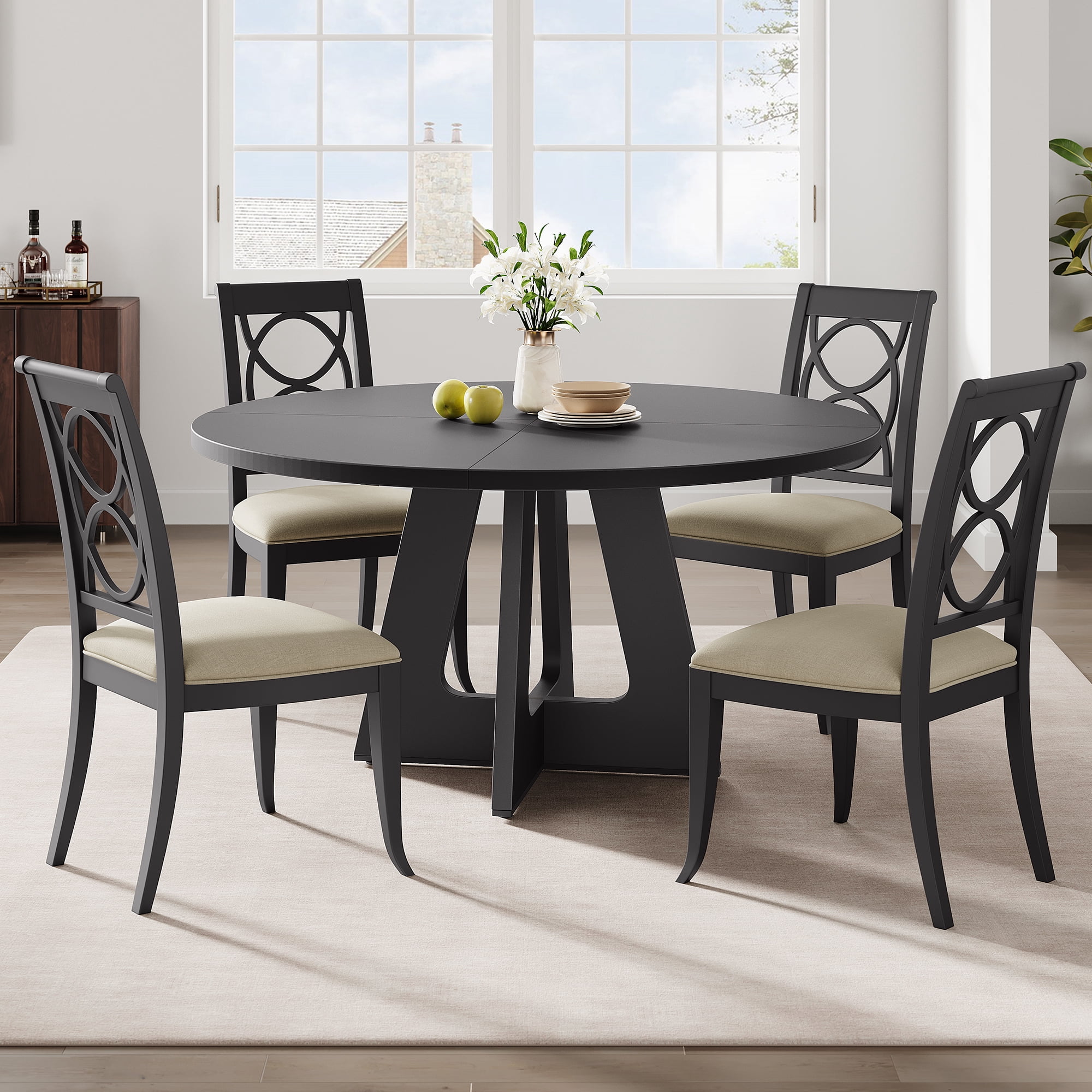 47-Inch Round Large Dining Table, Wooden Kitchen Table Set for 4 to 6 ...