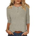 thumbnail image 1 of Yuyuzo Womens 3/4 Sleeve Tops Basic Button Crew Neck Solid Color Loose Fitted Tunics Tee Blouses, 1 of 5