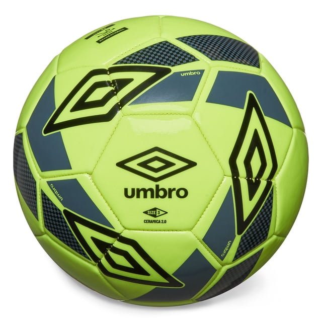 Umbro Ceramica Ballon de Soccer Jaune Taille 3 avec Boîtier Synthétique Jaune Vif, logos Umbro Noirs et accents de Panneaux à Carreaux Bleu Foncé. Comprend une construction Cousue à la Machine à 32 Panneaux et une Vessie en Caoutchouc pour la Rétention de la Forme, Convient aux Joueurs de 8 Ans et Moins.