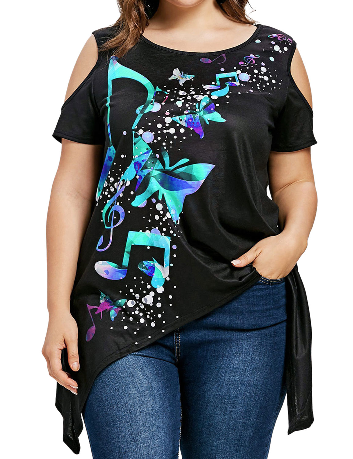 Women Floral Print Cold Shoulder Asymmetric Hem Plus Size Top
