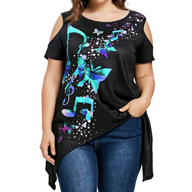 Women Floral Print Cold Shoulder Asymmetric Hem Plus Size Top