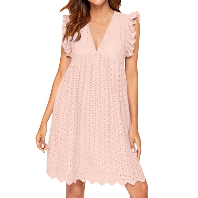 Ketyyh-chn99 Robes d'Été pour Femmes Grande Taille Jupes pour Femmes Vêtements Robe d'Été Manche à Volants Ample Fluide Plissée Robe Mini Rose,G