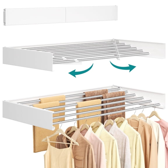 SONGMICS Étendoir Mural, Étendoir à Vêtements Pliable, Séchoir à Linge, 6 Barres Pliantes en Alliage d'Aluminium, Blanc Mat