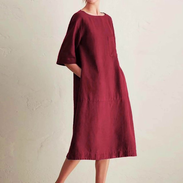 EGNMCR Robes d'Été pour Femmes Tendance 2024 Mode pour Femmes Col Rond Ample Manches Mi-Longues Robe Unie Longueur Genou