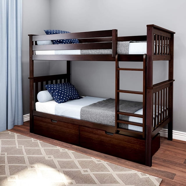 BEDSMART Lits Superposés Simple sur Simple en Bois Massif avec Rangement / Espresso
