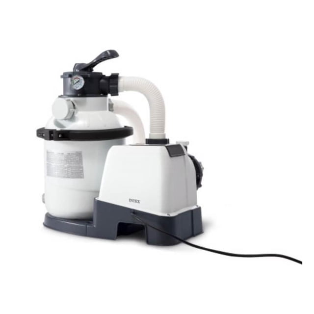 Intex Sx1500 Pompe de filtration de Sable avec Gfci Comprenant un Réservoir de Sable Blanc de 10 Pouces Connecté par un Tuyau flexible à une base de Moteur Blanche et Gris Foncé avec une Poignée de valve Multifonction Noire et un Manomètre, Conçue pour la filtration de Piscine Extérieure avec un Cordon d'Alimentation de 25 Pieds et Gfci Intégré pour la Sécurité.