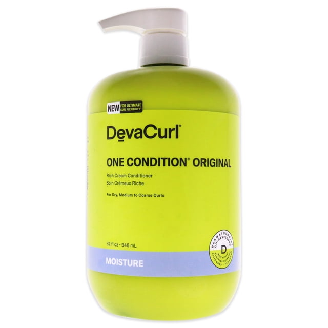 One Condition Original par DevaCurl pour Unisexe - Revitalisant de 32 oz dans une Bouteille Vert lime avec Distributeur à Pompe. Conçu pour les Boucles Sèches, Moyennes à Grosses, Cet Revitalisant Crème Riche Hydrate, Combat les Nœuds, Contrôle les Frisottis et Laisse les Boucles Douces et Rebondissantes. Idéal pour les Soins Capillaires Format Voyage, l'Étiquette Présente une Marque « Moisture » et une certification Testée par des Dermatologues.