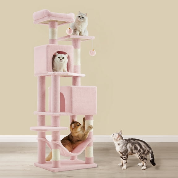 LEDREM Cat Tree , Tour Cat de 61 Pouces pour Chats d'Intérieur, Condo Cat à Plusieurs Niveaux avec 5 Poteaux à Griffer, 2 Perchoirs et 2 Niches, Peluche avec Hamac, Rose Gelée