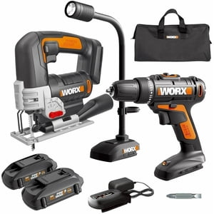 Worx WX958L 20V Puissance de partage sans fil perceuse & Jigsaw avec kit de combo léger Flex
